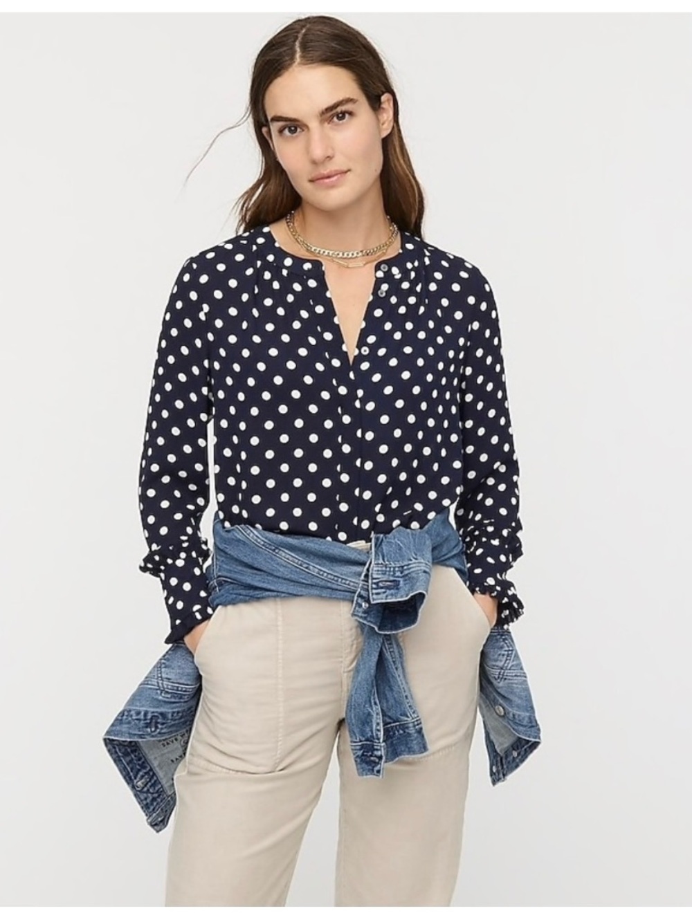 J Crew Navy and White Polka Dot Band-Collar
Top with Lovely Detail at Cuffs S